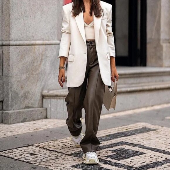 Zara | Taupe Francoise Straight Leg High-Waisted Faux Leather Trouser Pants | XS - Picture 2 of 16